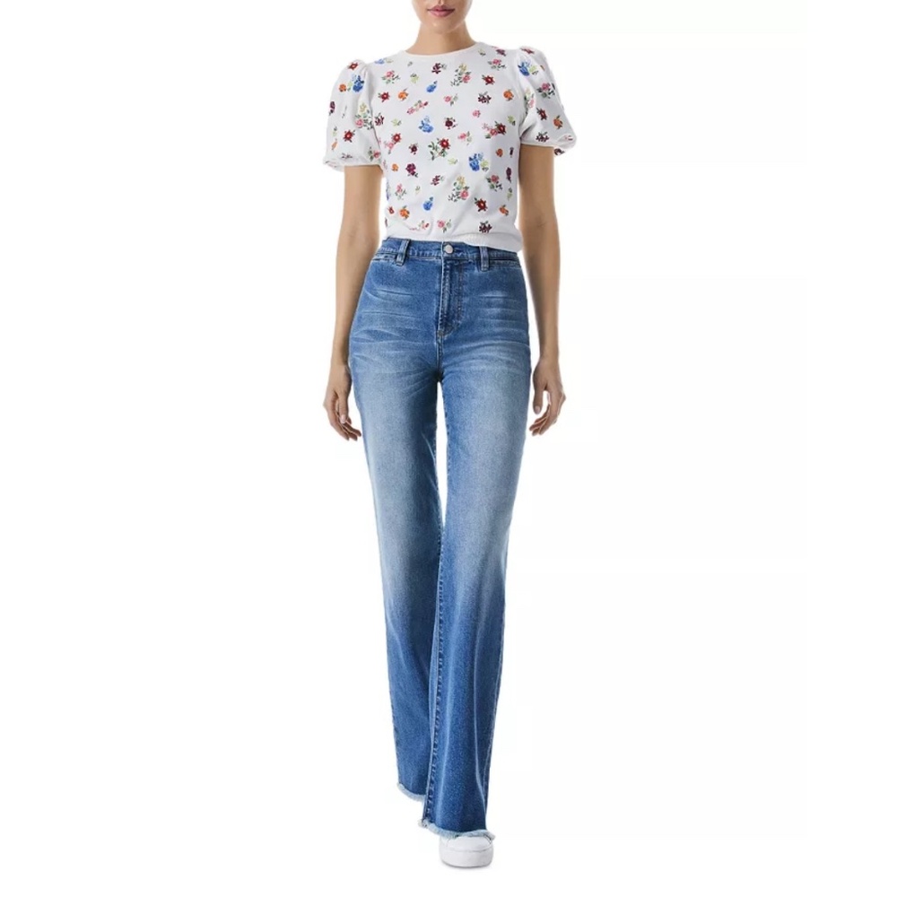 Alice+ Olivia Risa Embroidery Puff Sleeve Sweater Top Small - Picture 3 of 12